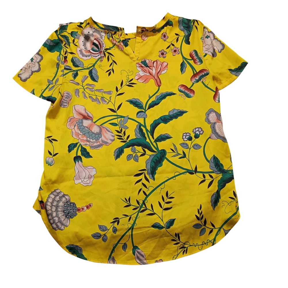 LOFT Blouse Womens SP Short Sleeve Floral Print Yellow Top Petites
